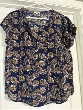 MARINA LUNA Navy Floral Paisley Short Sleeve Blouse with Cream and Gold Accents